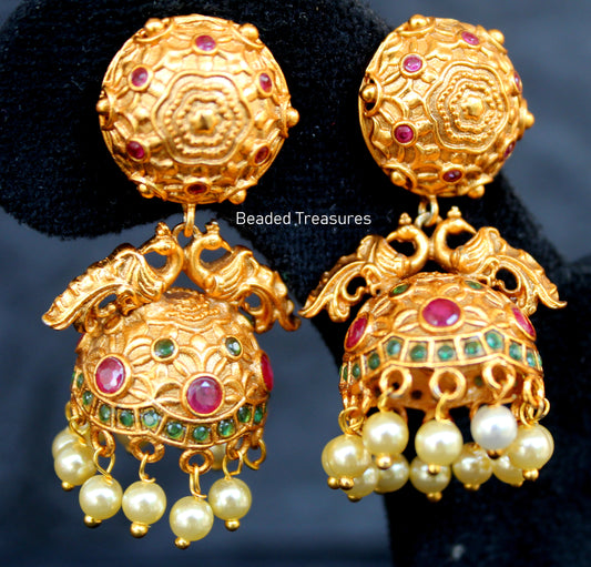 Antique Gold Peacock Jhumka Earrings with Kemp, Emerald & Pearls - Beaded Treasures