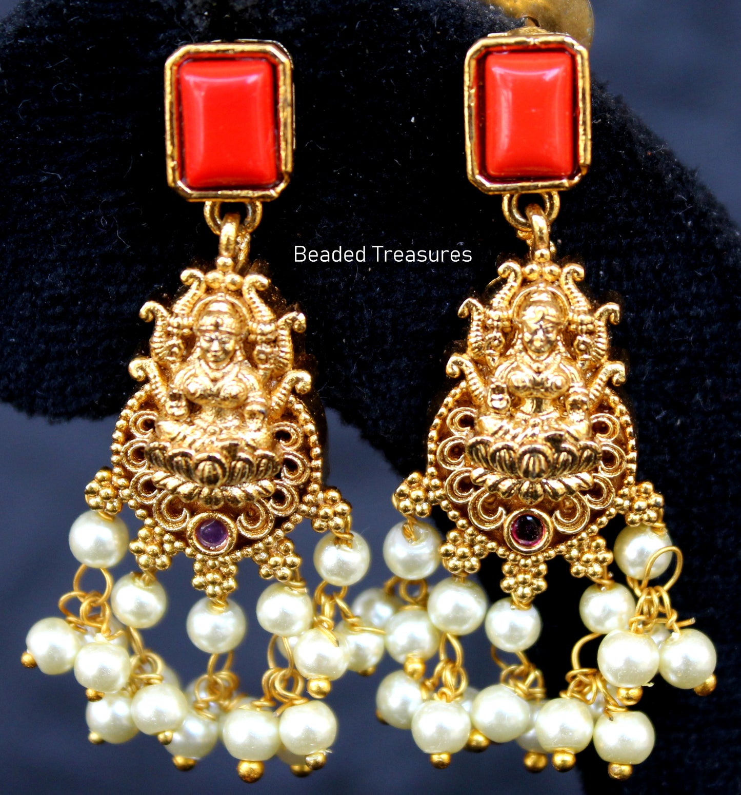 Antique Gold Lakshmi Devi Earrings with Coral & Pearls - Beaded Treasures