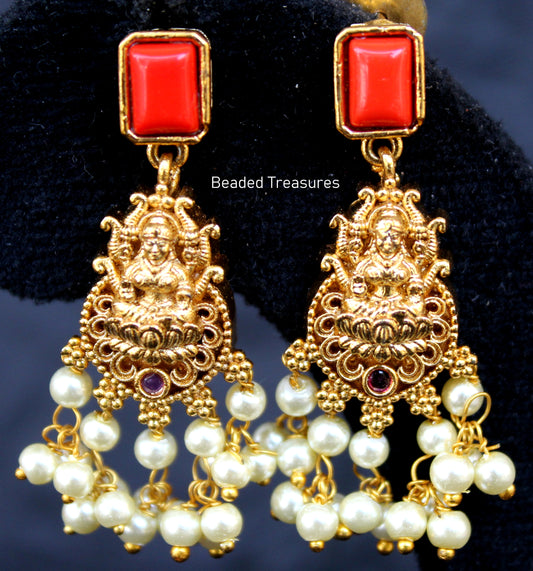 Antique Gold Lakshmi Devi Earrings with Coral & Pearls - Beaded Treasures