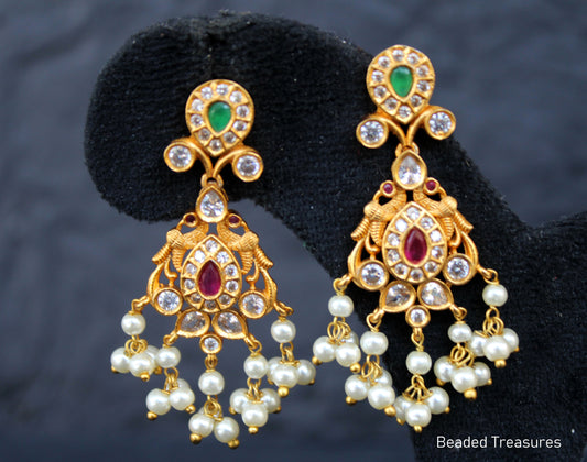 Premium Gold Peacock Earrings with Kemp, Emerald & Pearls - Beaded Treasures