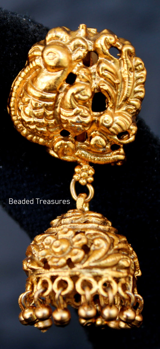 Antique Gold Peacock Jhumka Earrings - Beaded Treasures