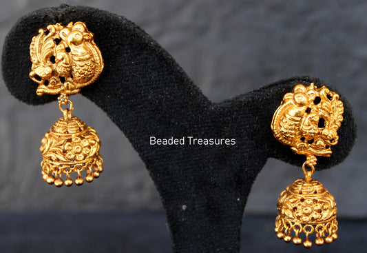 Antique Gold Peacock Jhumka Earrings - Beaded Treasures