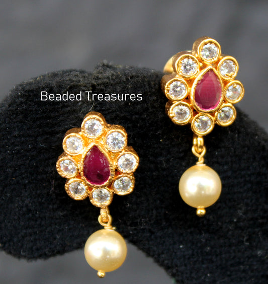 Gold-Toned Kemp & White Stone Earrings with Pearl Drop - Beaded Treasures