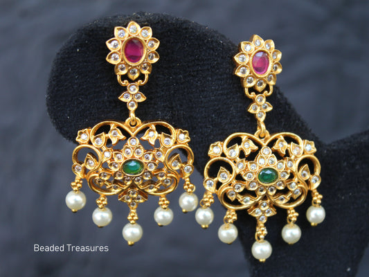Modern AD Stone Earrings with Kemp, Emerald & Pearls - Beaded Treasures