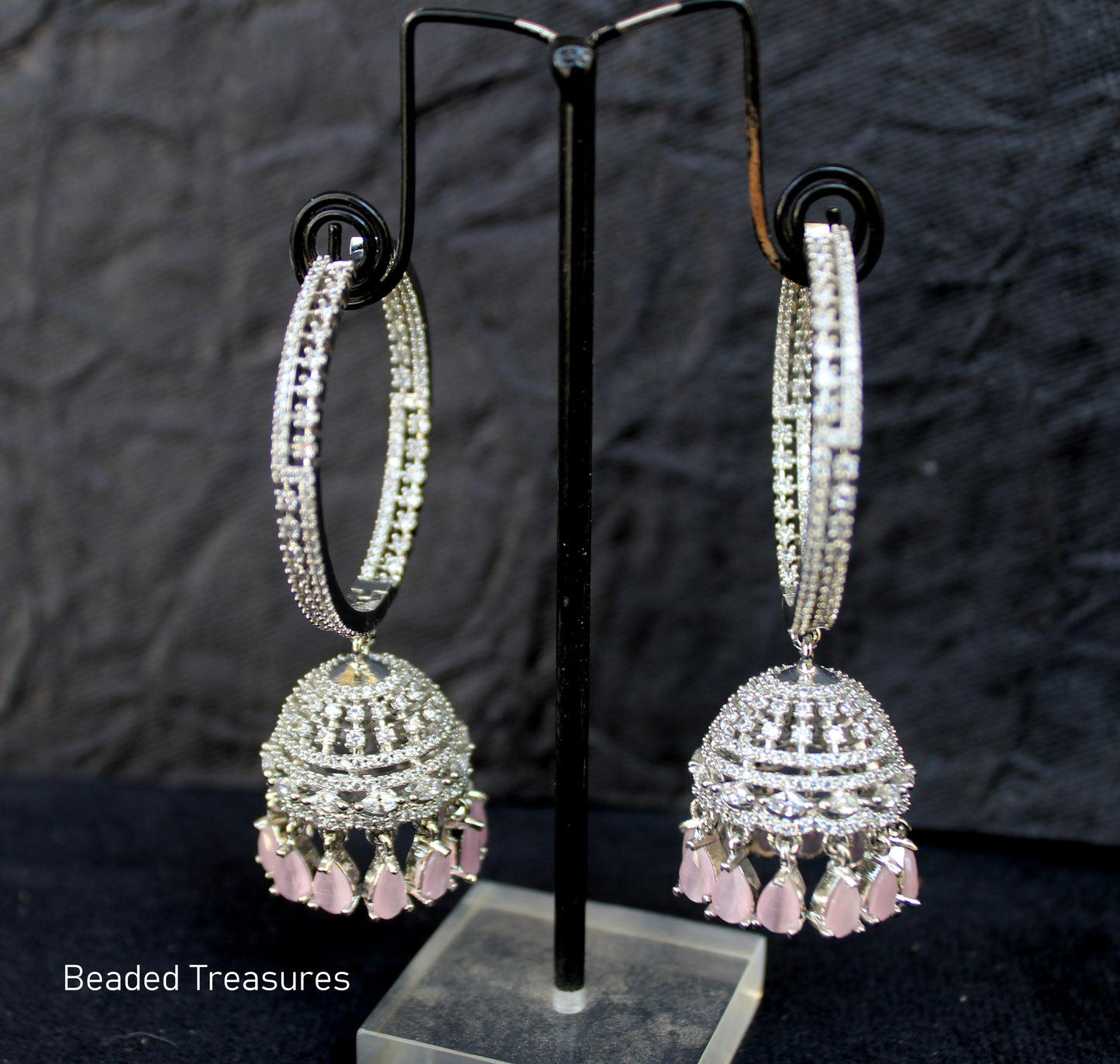 Elegant CZ Hoop Jhumka Earrings with Pink Drops - Beaded Treasures