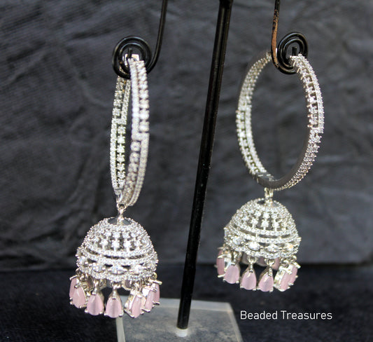 Elegant CZ Hoop Jhumka Earrings with Pink Drops - Beaded Treasures