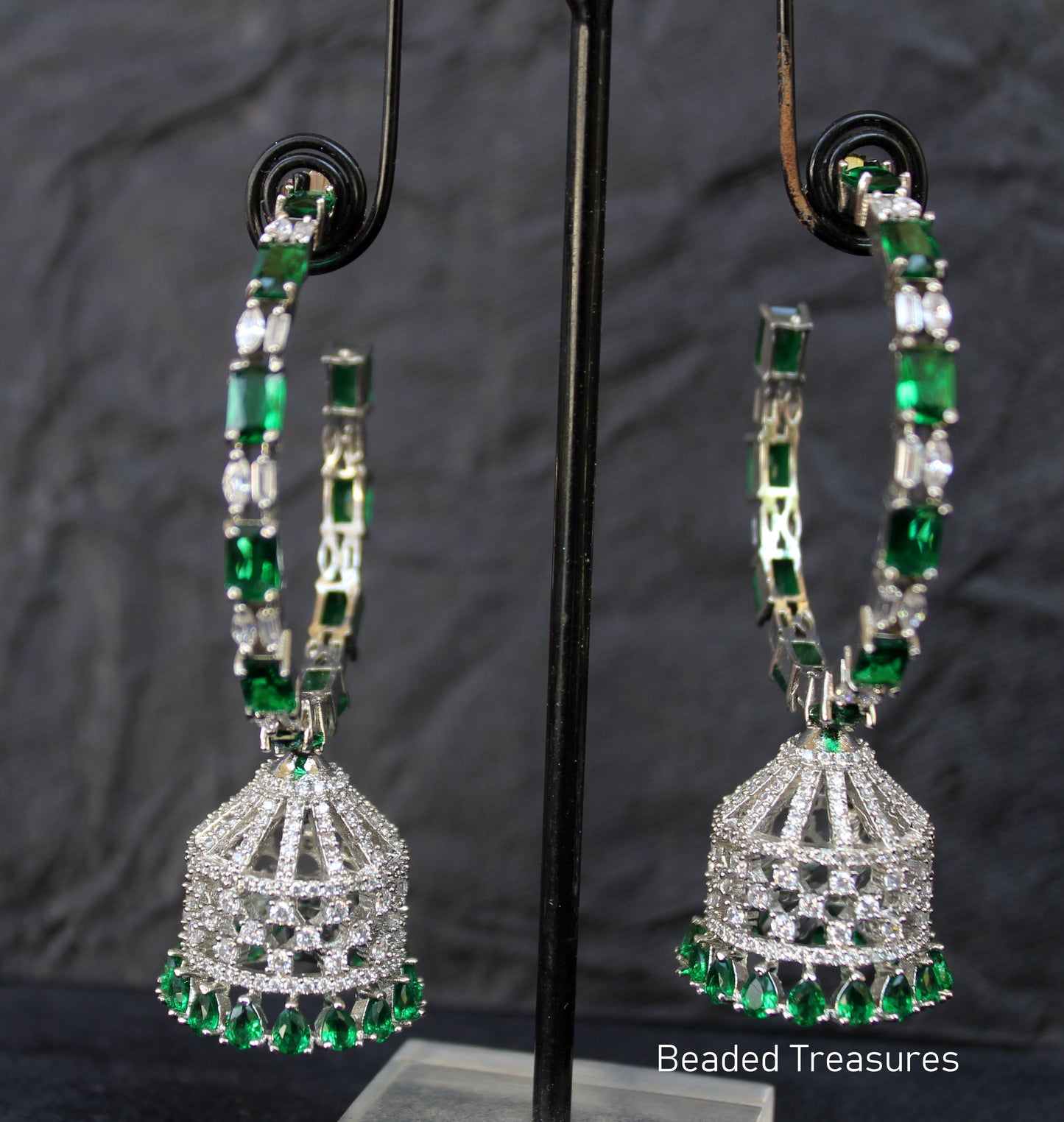 Elegant CZ Hoop Jhumka Earrings with Green Drops - Beaded Treasures