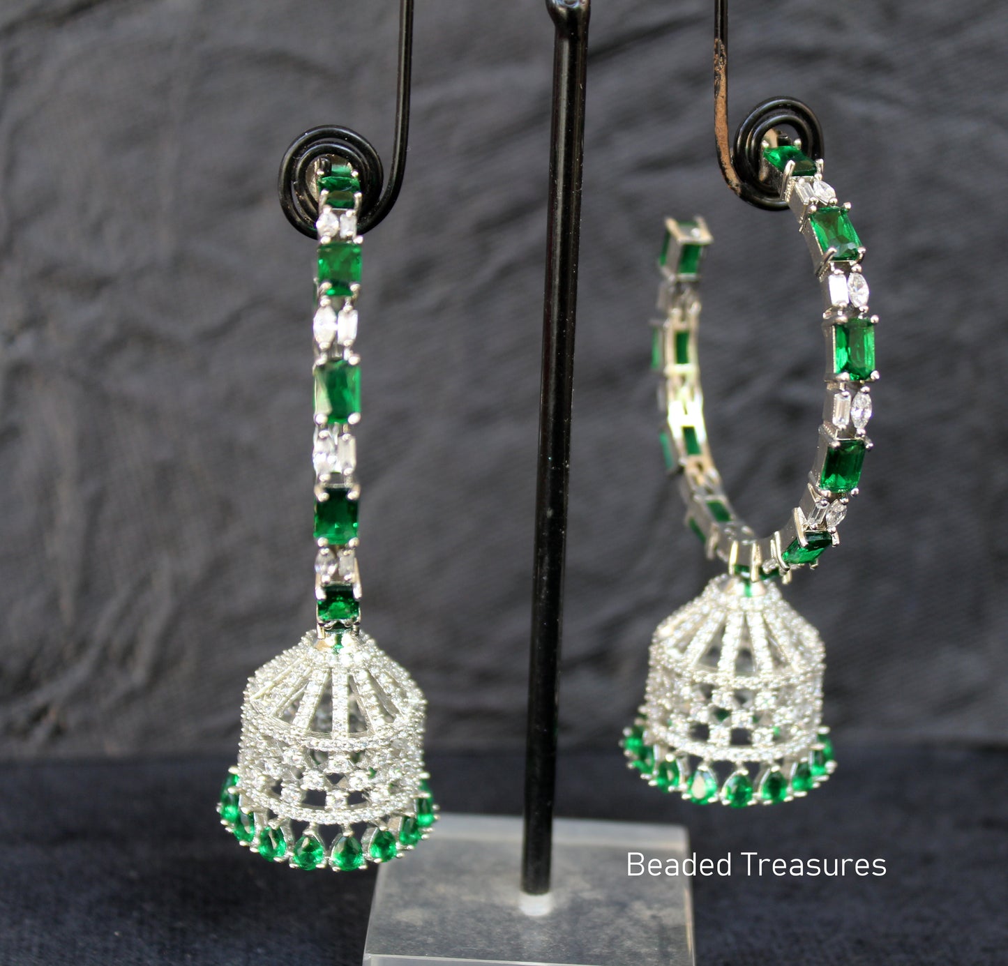 Elegant CZ Hoop Jhumka Earrings with Green Drops - Beaded Treasures
