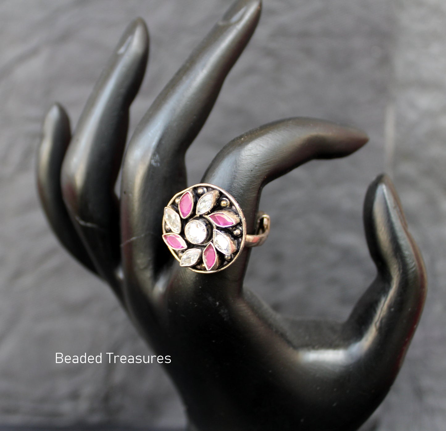 Oxidized Silver Style Adjustable Finger Ring with Pink & White Stones - Beaded Treasures
