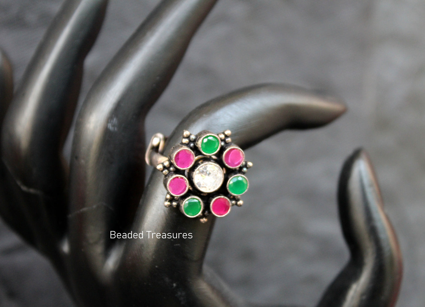 Oxidized Silver Style Adjustable Floral Ring with Pink, Green & White Stones - Beaded Treasures