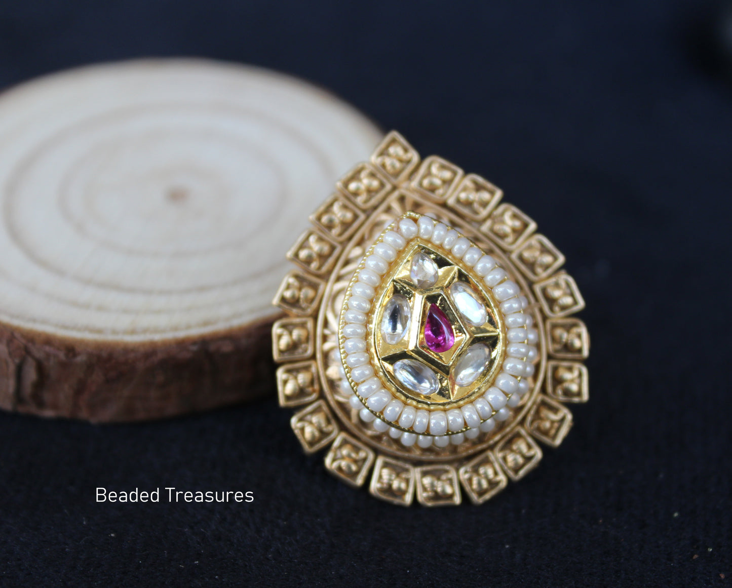 Royal Charm Adjustable Rajwadi Finger Ring with Kemp & Pearls - Beaded Treasures