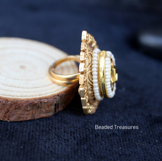 Royal Charm Adjustable Rajwadi Finger Ring with Kemp & Pearls - Beaded Treasures