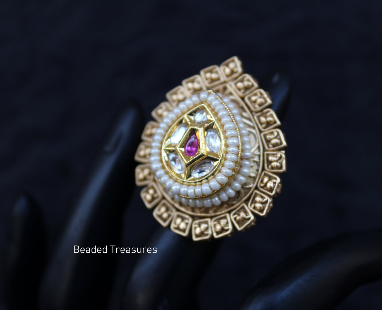 Royal Charm Adjustable Rajwadi Finger Ring with Kemp & Pearls - Beaded Treasures