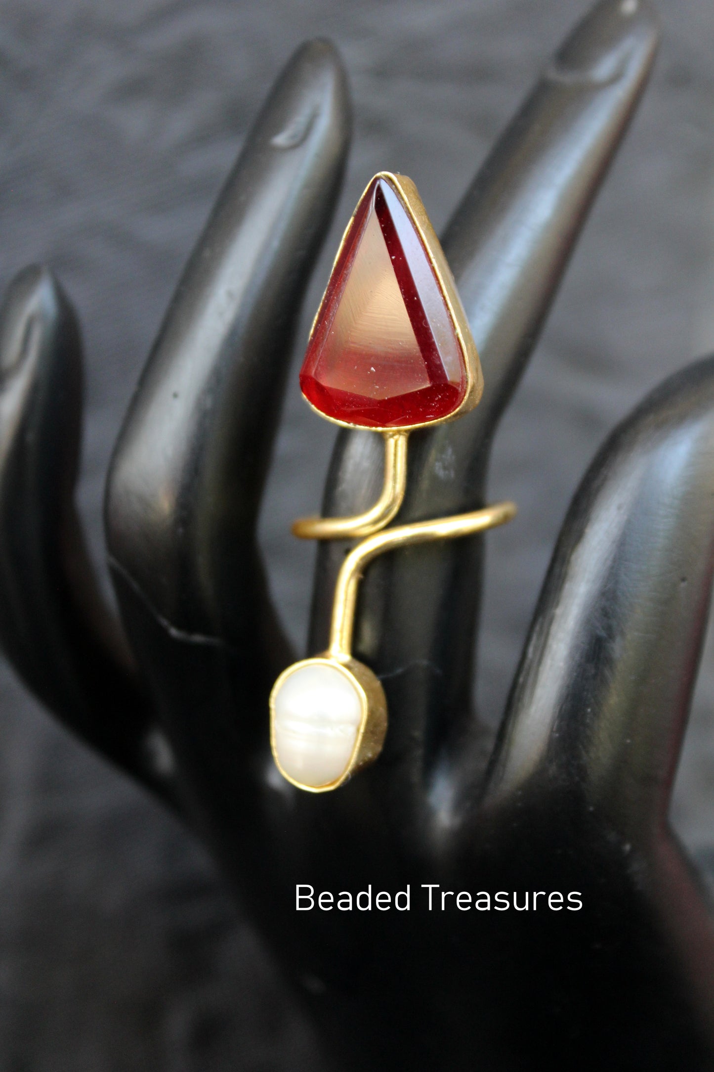Modern Gold-Toned Adjustable Ring with Red & White Stones - Beaded Treasures
