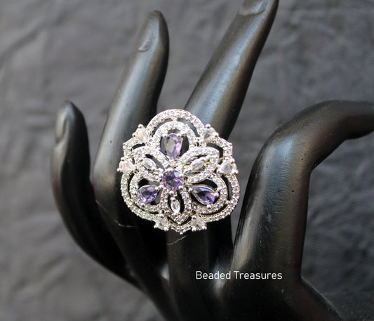 Elegant Rhodium Plated CZ Finger Ring with Purple Accents - Beaded Treasures