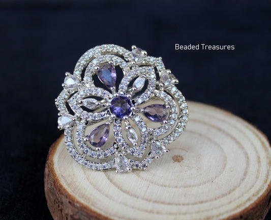 Elegant Rhodium Plated CZ Finger Ring with Purple Accents - Beaded Treasures