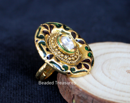 Adjustable Gold-Toned Kundan & Enamel Finger Ring - Beaded Treasures Bengaluru