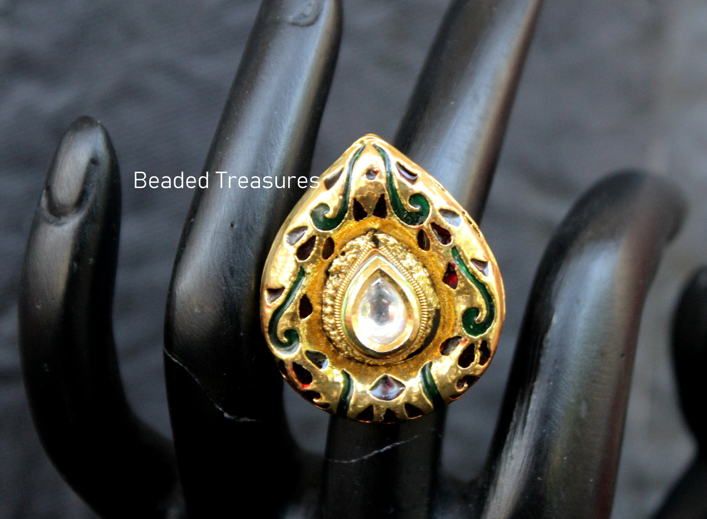 Adjustable Gold-Toned Kundan & Enamel Finger Ring - Beaded Treasures