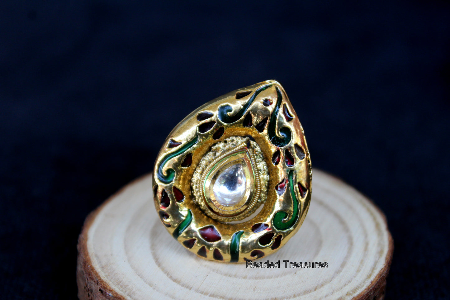 Adjustable Gold-Toned Kundan & Enamel Finger Ring - Beaded Treasures