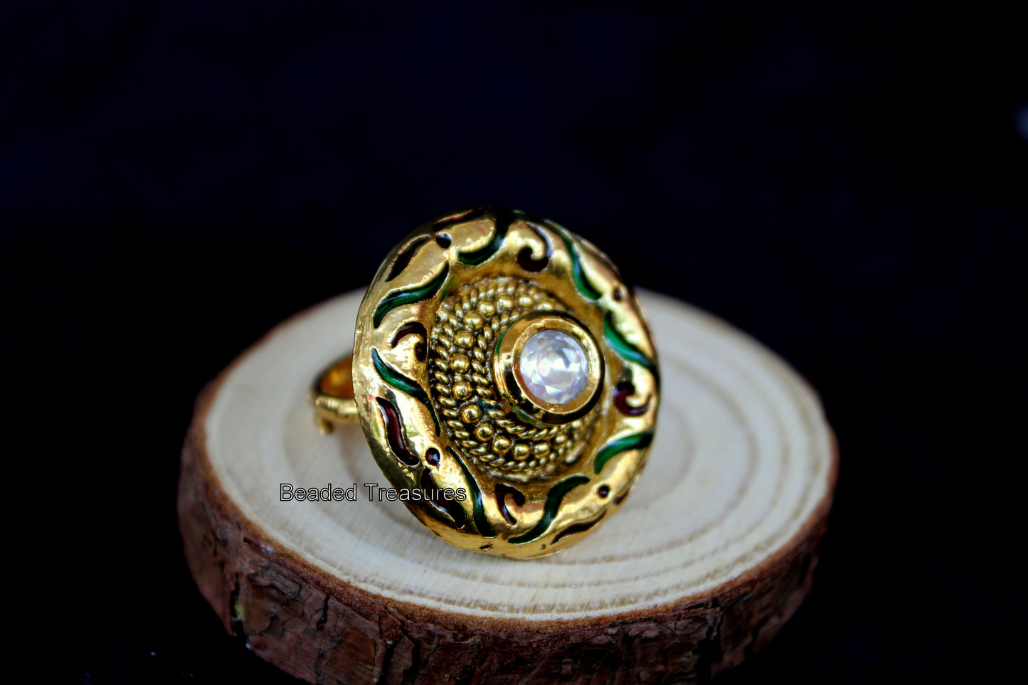 Adjustable Gold-Toned Kundan & Enamel Finger Ring - Beaded Treasures