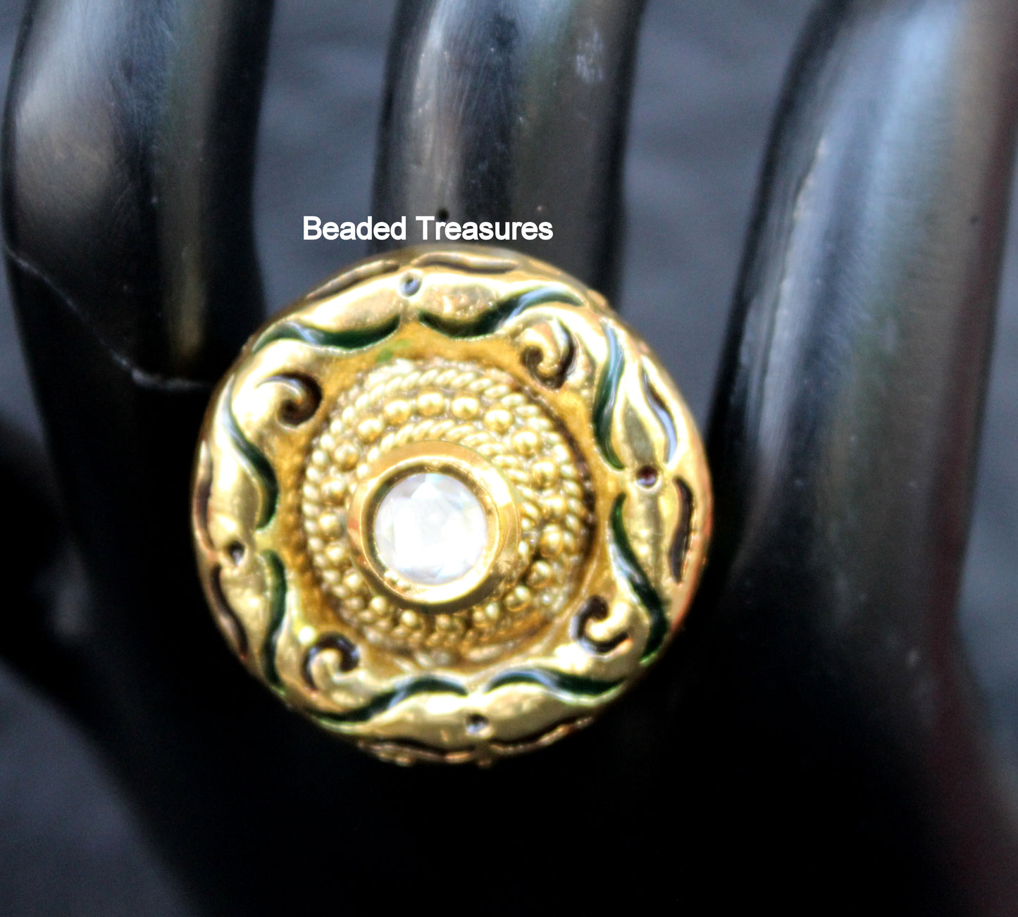 Adjustable Gold-Toned Kundan & Enamel Finger Ring - Beaded Treasures