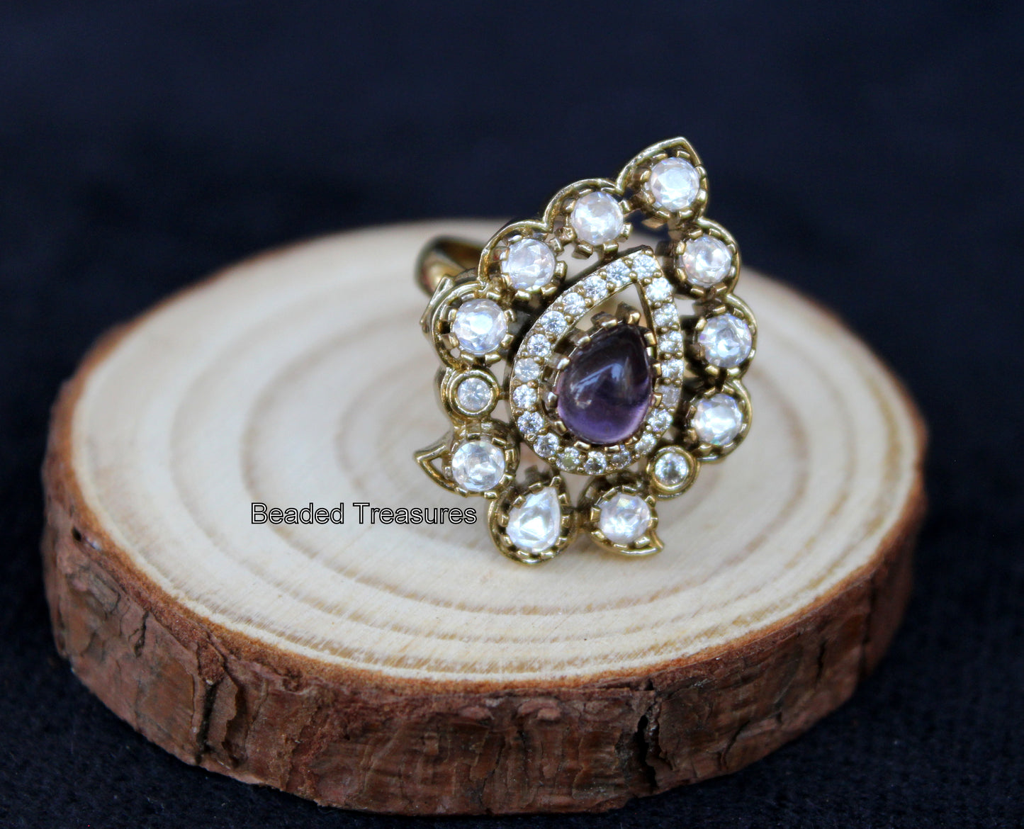 Adjustable Gold-Toned CZ & Purple Stone Finger Ring - Beaded Treasures