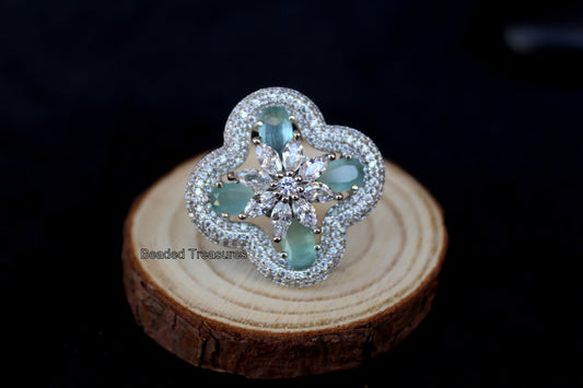 Elegant Rhodium Plated CZ & Aquamarine Stone Finger Ring - Beaded Treasures