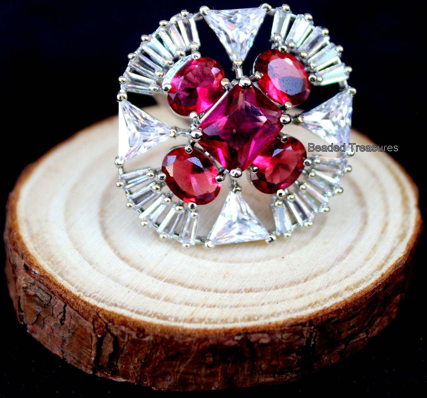 Bold Rhodium Plated CZ & Ruby-Colored Stone Finger Ring - Beaded Treasures