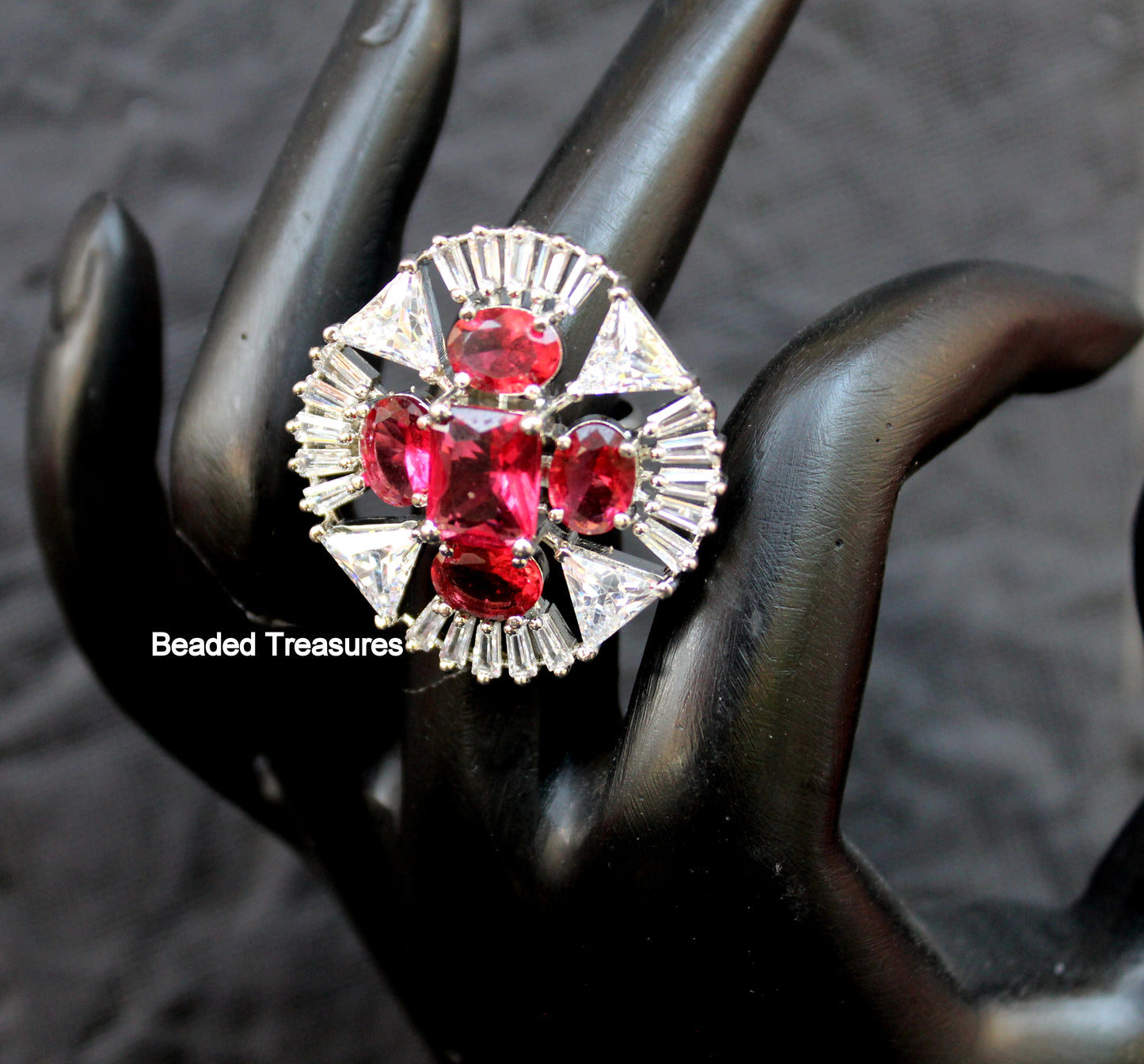 Bold Rhodium Plated CZ & Ruby-Colored Stone Finger Ring - Beaded Treasures