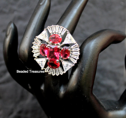 Bold Rhodium Plated CZ & Ruby-Colored Stone Finger Ring - Beaded Treasures