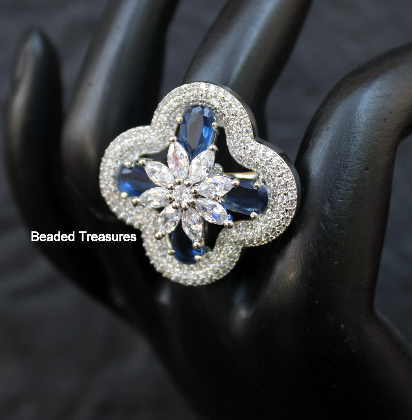 Elegant Rhodium Plated CZ & Blue Stone Finger Ring - Beaded Treasures