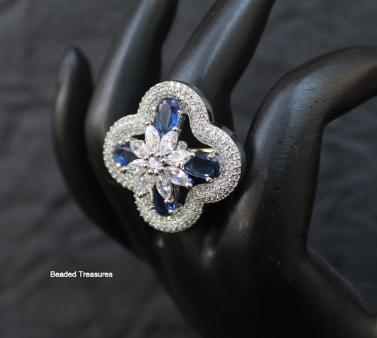 Elegant Rhodium Plated CZ & Blue Stone Finger Ring - Beaded Treasures