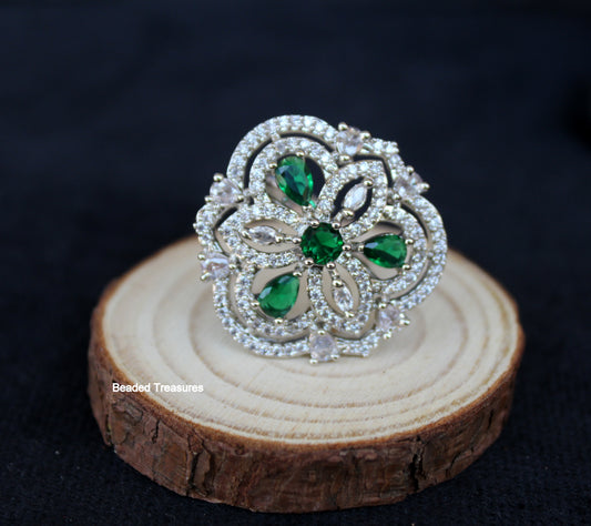 Elegant Rhodium Plated CZ & Green Stone Finger Ring - Beaded Treasures