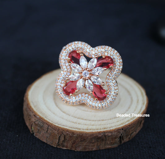 Elegant Rose Gold Plated CZ & Ruby-Colored Stone Finger Ring - Beaded Treasures