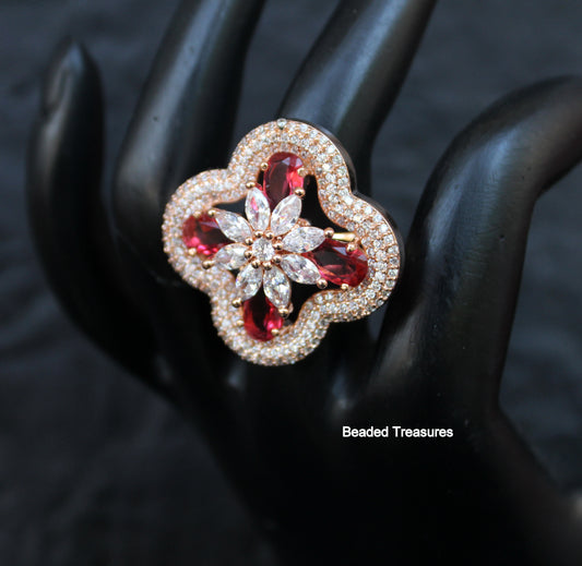 Elegant Rose Gold Plated CZ & Ruby-Colored Stone Finger Ring - Beaded Treasures