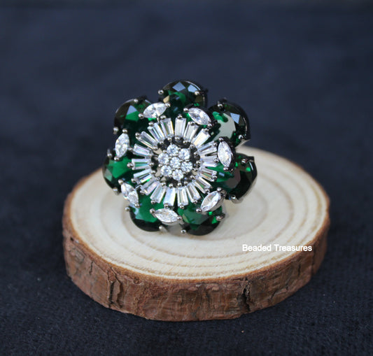 Elegant Rhodium Plated CZ & Emerald Green Stone Finger Ring - Beaded Treasures
