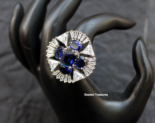 Striking Rhodium Plated Blue & Clear AD Finger Ring - Beaded Treasures