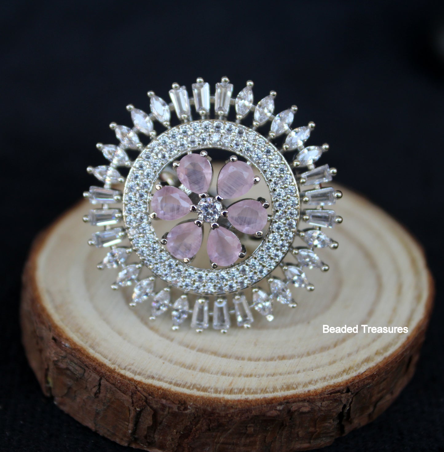 Elegant Rhodium Plated CZ & Light Pink Stone Finger Ring - Beaded Treasures