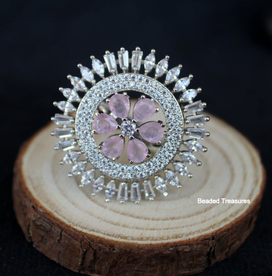 Elegant Rhodium Plated CZ & Light Pink Stone Finger Ring - Beaded Treasures