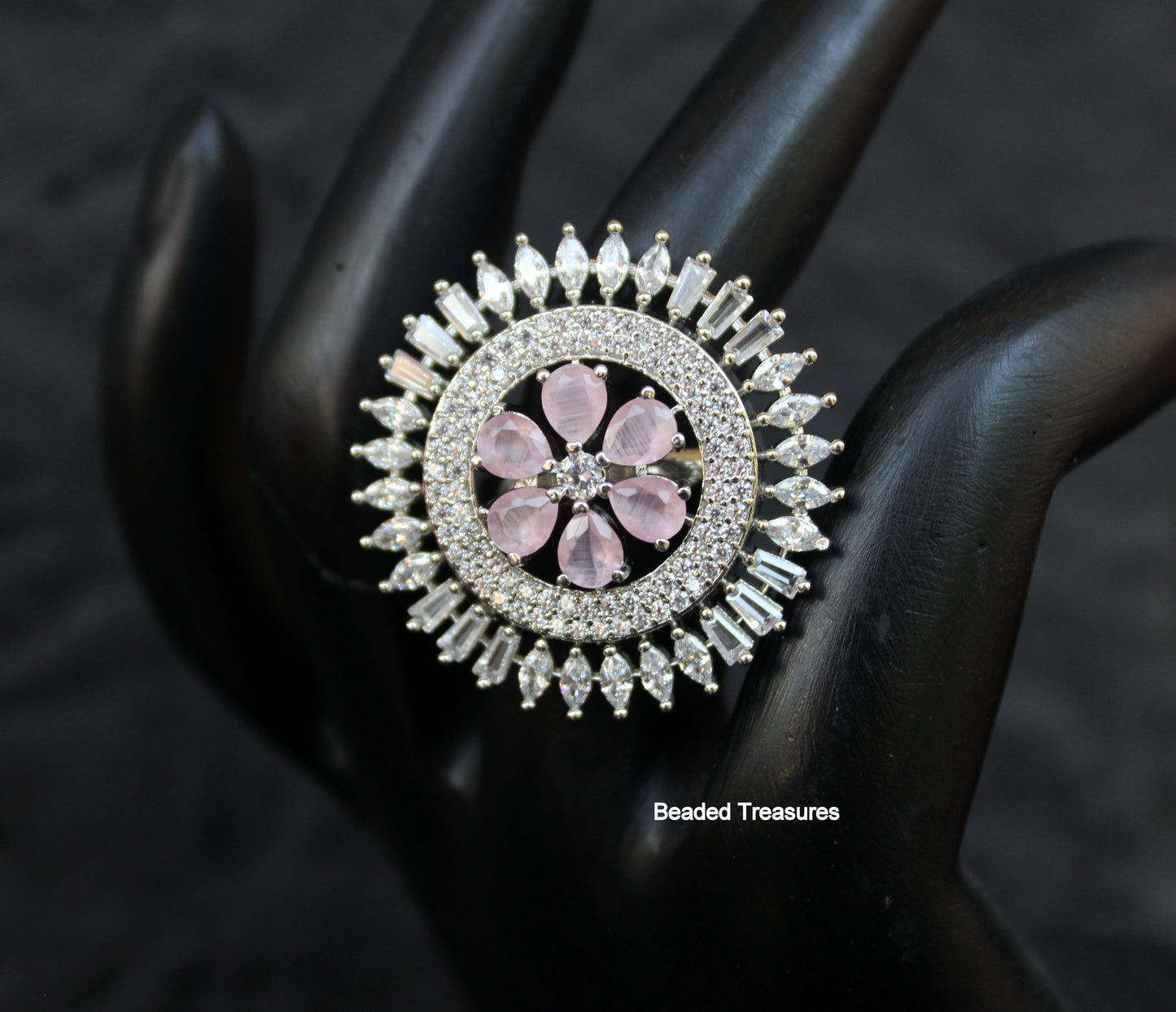 Elegant Rhodium Plated CZ & Light Pink Stone Finger Ring - Beaded Treasures