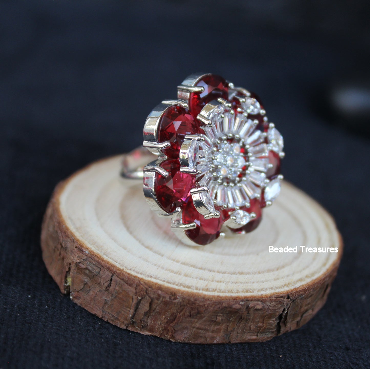 Elegant Rhodium Plated CZ & Ruby-Colored Stone Finger Ring - Beaded Treasures