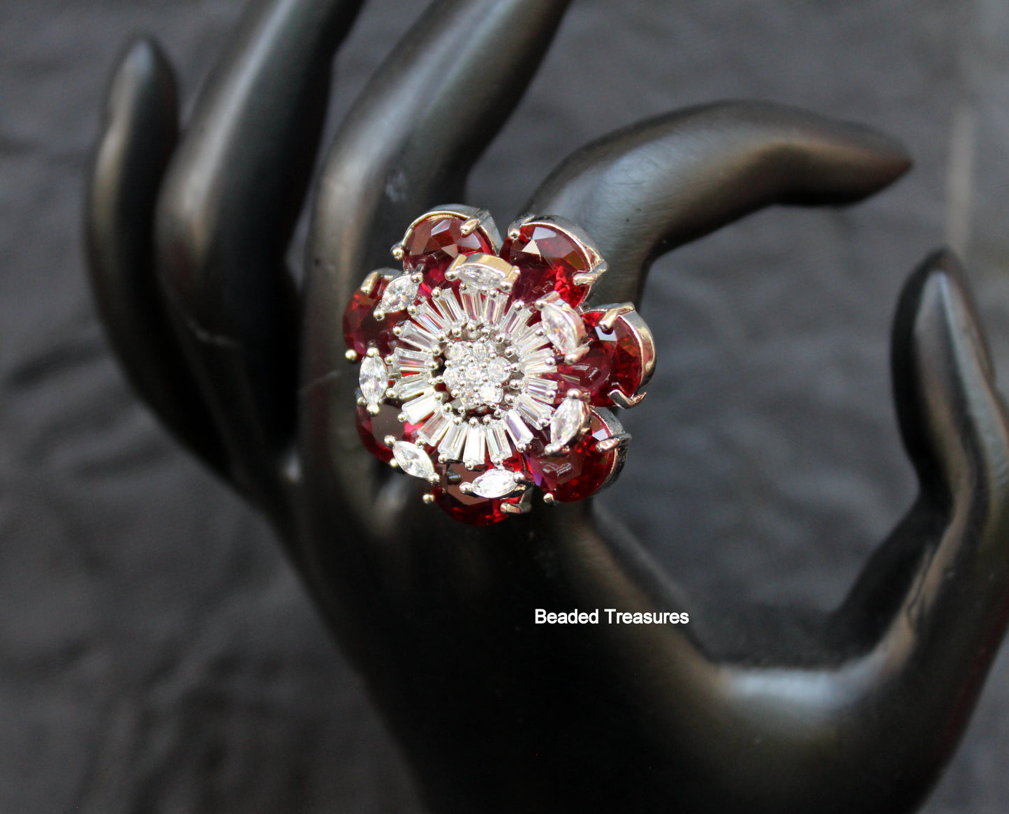 Elegant Rhodium Plated CZ & Ruby-Colored Stone Finger Ring - Beaded Treasures