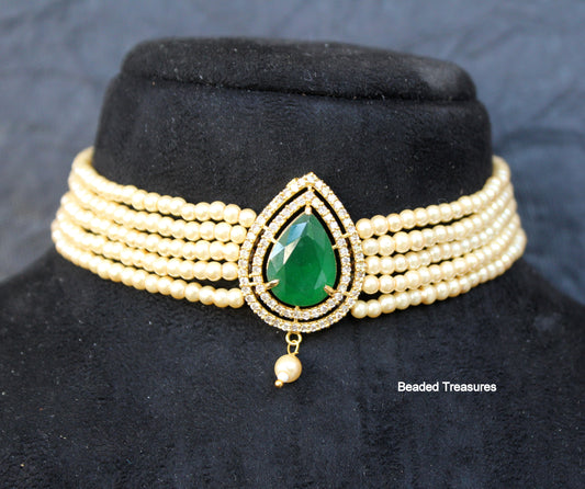 Elegant Pearl Choker with Green Stone Pendant - Beaded Treasures