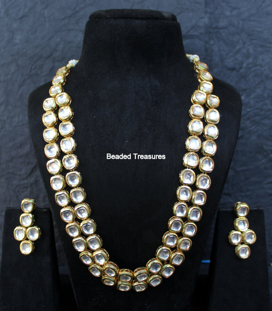 Elegant Two Layer Kundan Necklace Set with Earrings - Beaded Treasures