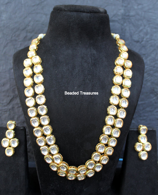 Elegant Two Layer Kundan Necklace Set with Earrings - Beaded Treasures