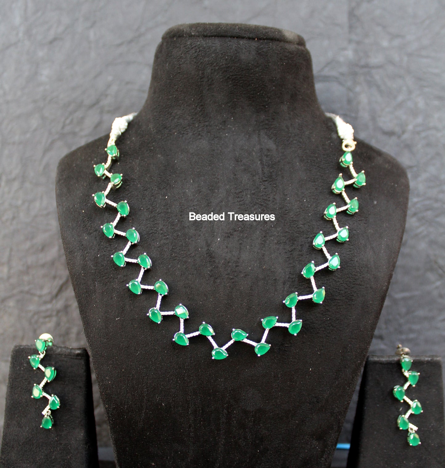 Elegant AD Stone Emerald Heart Necklace Set with Earrings - Beaded Treasures