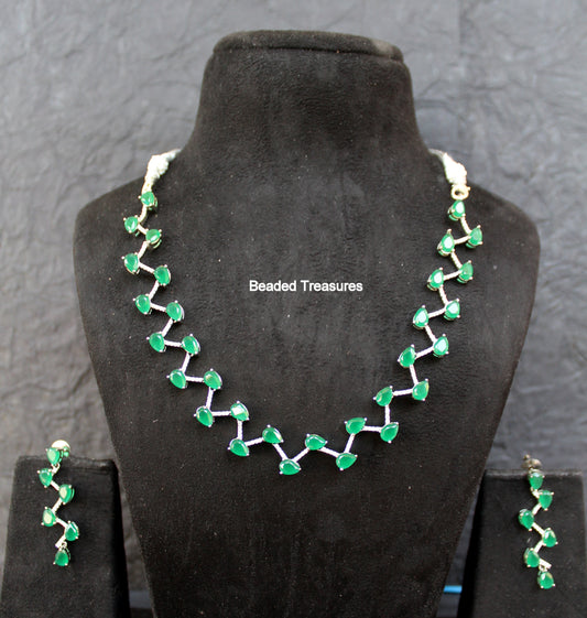 Elegant AD Stone Emerald Heart Necklace Set with Earrings - Beaded Treasures