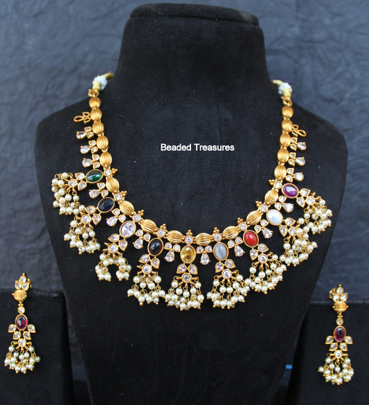 Navaratna Guttapusalu Necklace Set with Earrings - Beaded Treasures