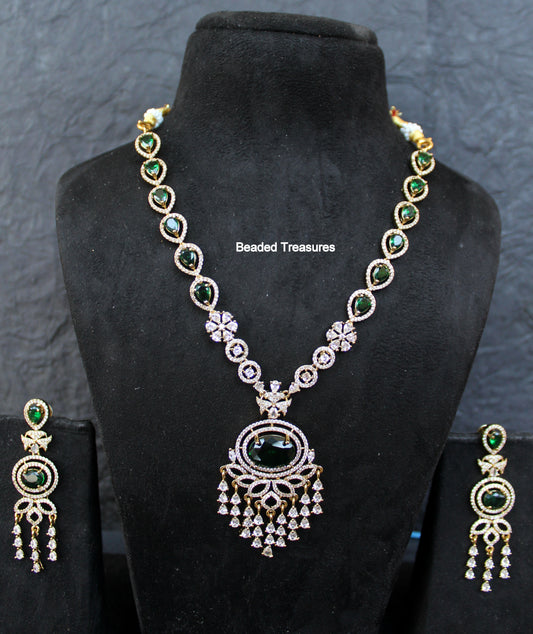 Elegant AD Stone Emerald Pendant Necklace Set with Earrings - Beaded Treasures
