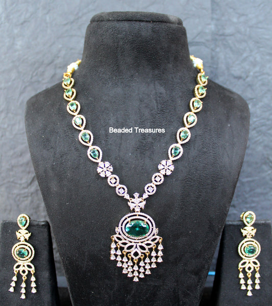 Elegant AD Stone Emerald Pendant Necklace Set with Earrings - Beaded Treasures